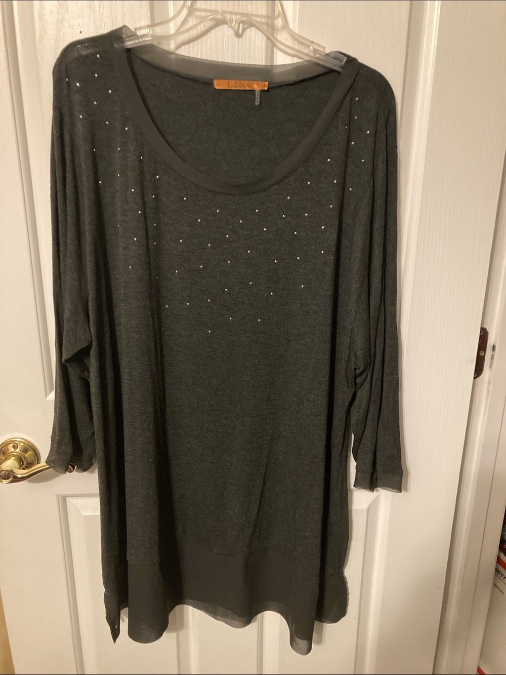 50% off in 3+ bundle, Belldini Charcoal Gray Scoop-Neck Tunic, Rhinestone Detail